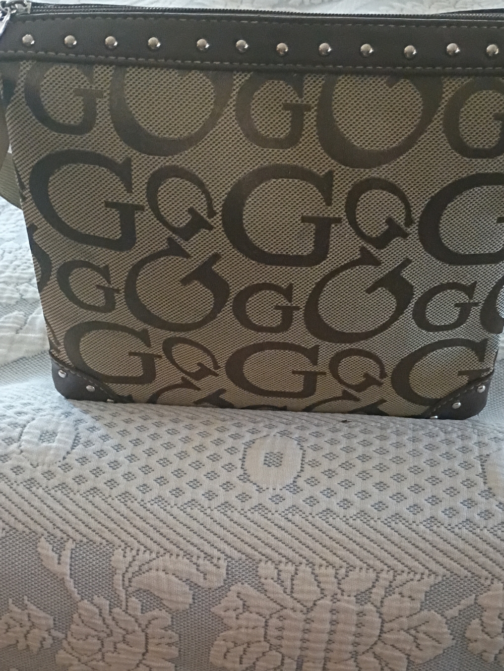 Monogram Canvas Tote with Studded Trim - Brown/Tan